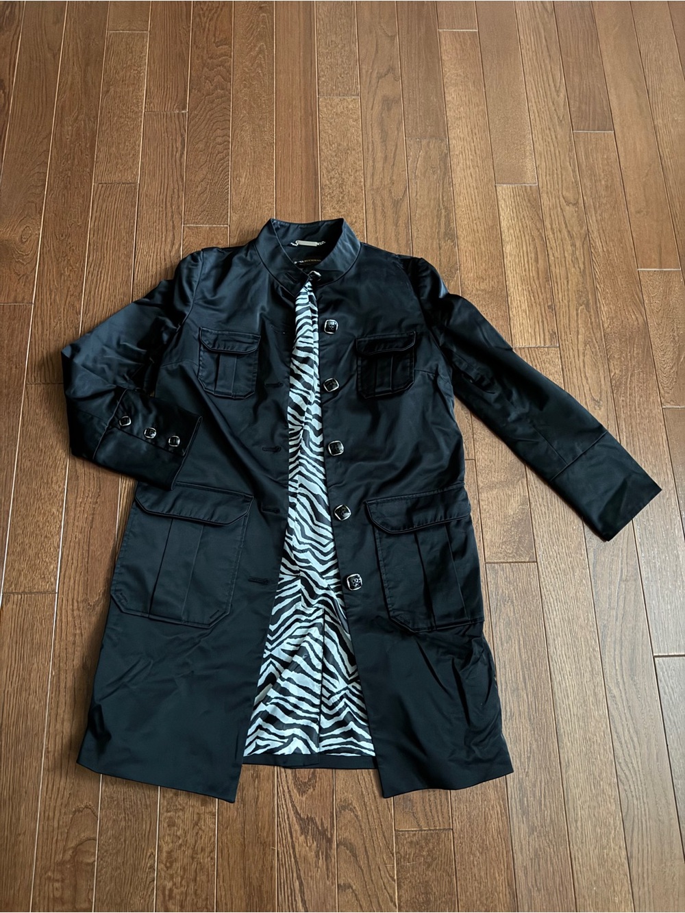 Dana Buchman Black Trench Coat with Zebra-Print Lining